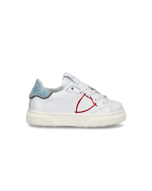 Baby Temple Low-Top Sneakers in Leather, White Ligh Blue