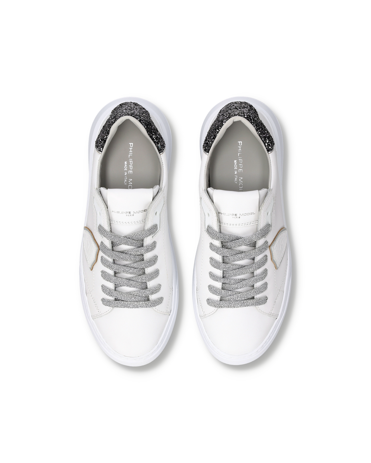 Sneakers Temple Women with glitter heel tab, White Black