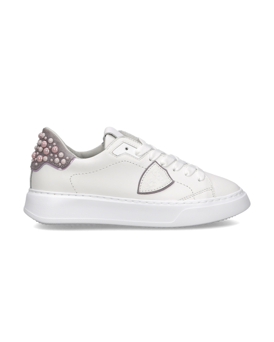 Sneakers Temple Donna, Bianco Rosa con perle