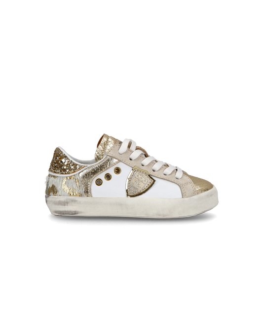 Baby Paris Low-Top Sneakers in Leather, White Gold