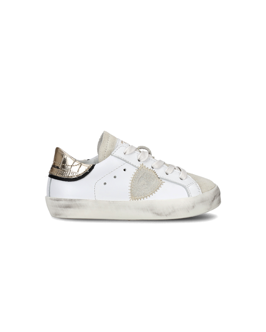 Zapatilla Paris Baby de caña baja en piel - Blanco y dorado