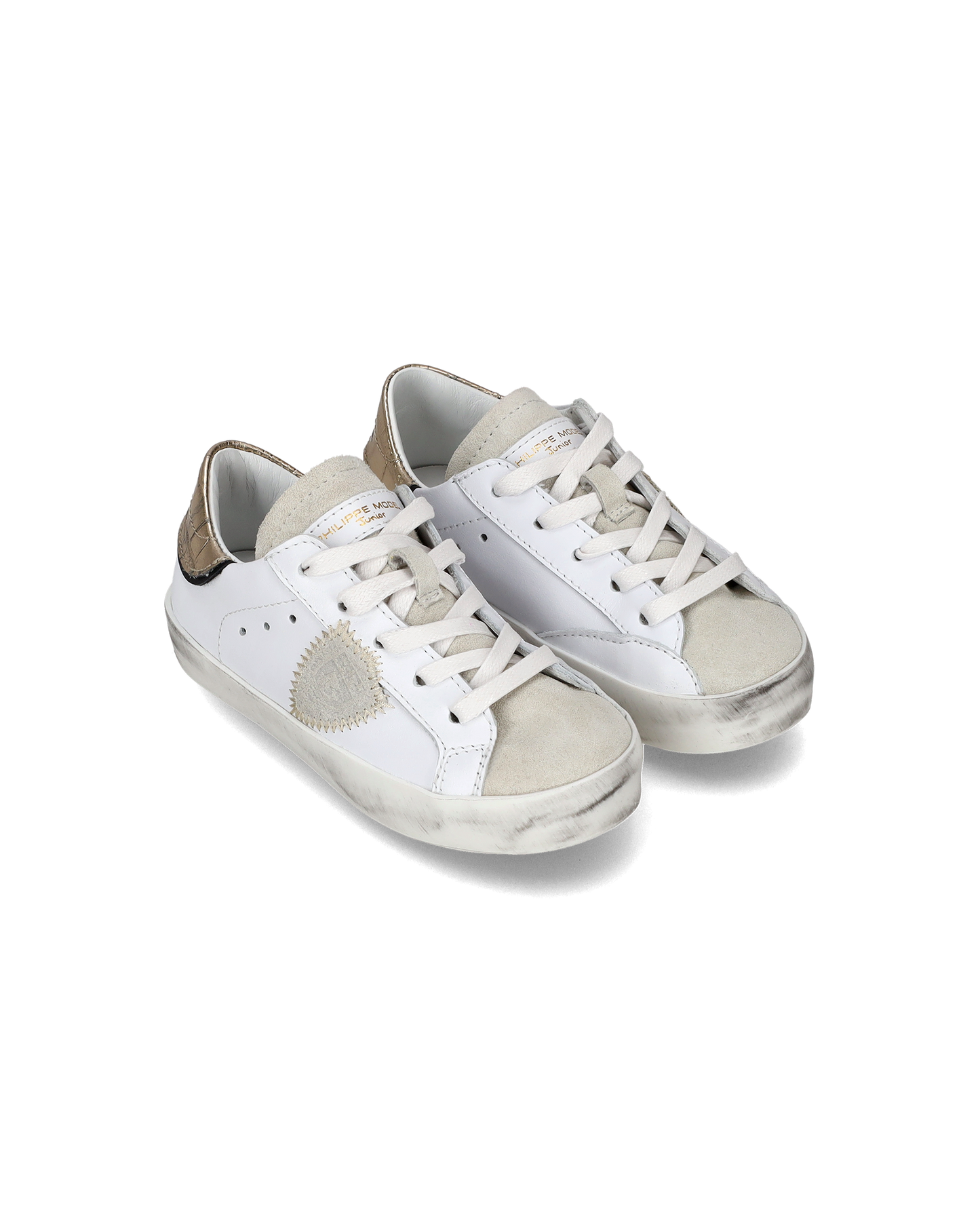 Baskets basses Paris en cuir Baby, blanc et or