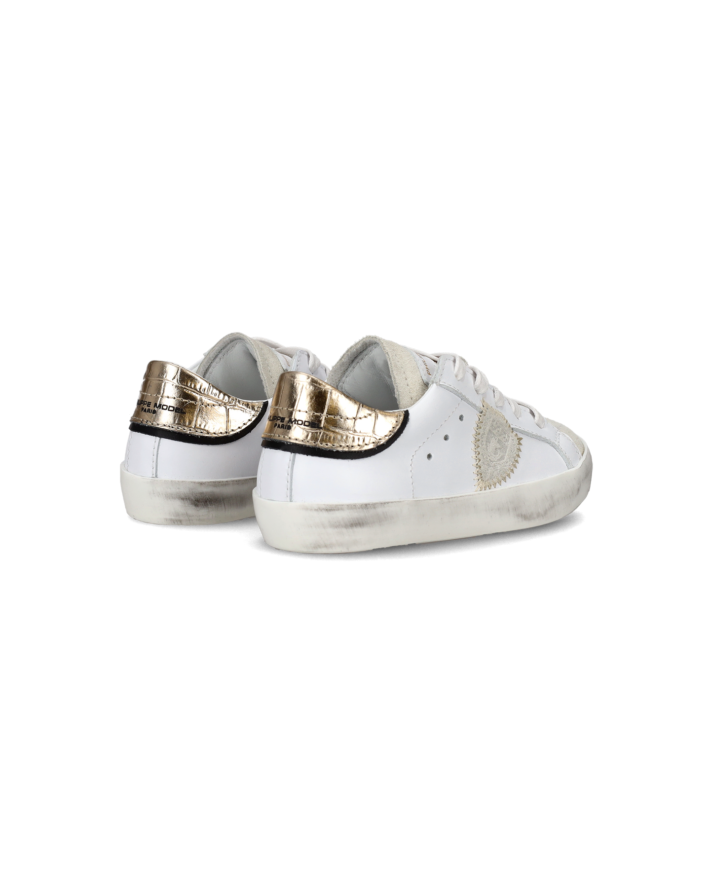 Flache Baby Paris Sneakers aus Leder – Weiß und Gold