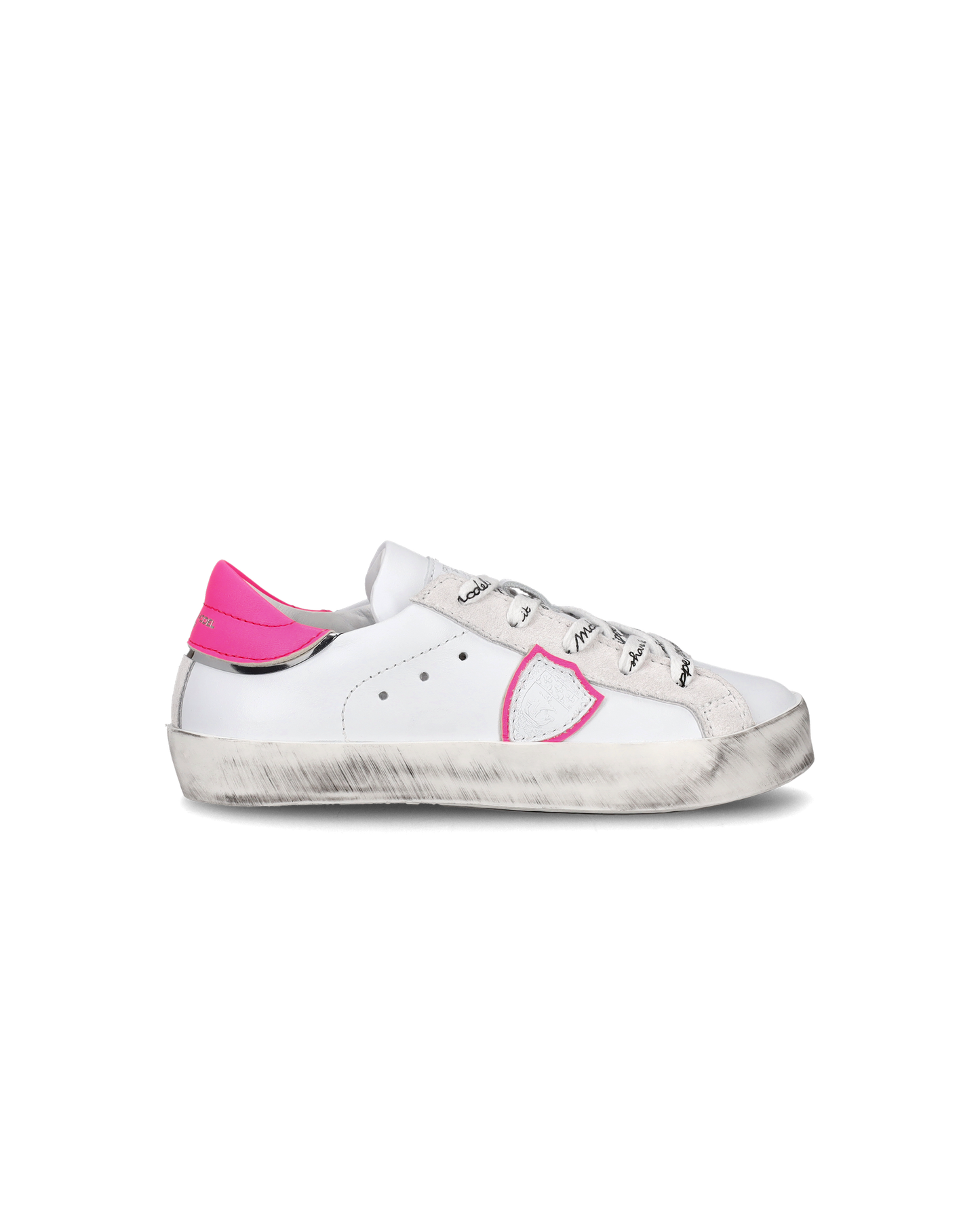 Zapatilla Paris Baby de caña baja en piel - Blanco y fucsia