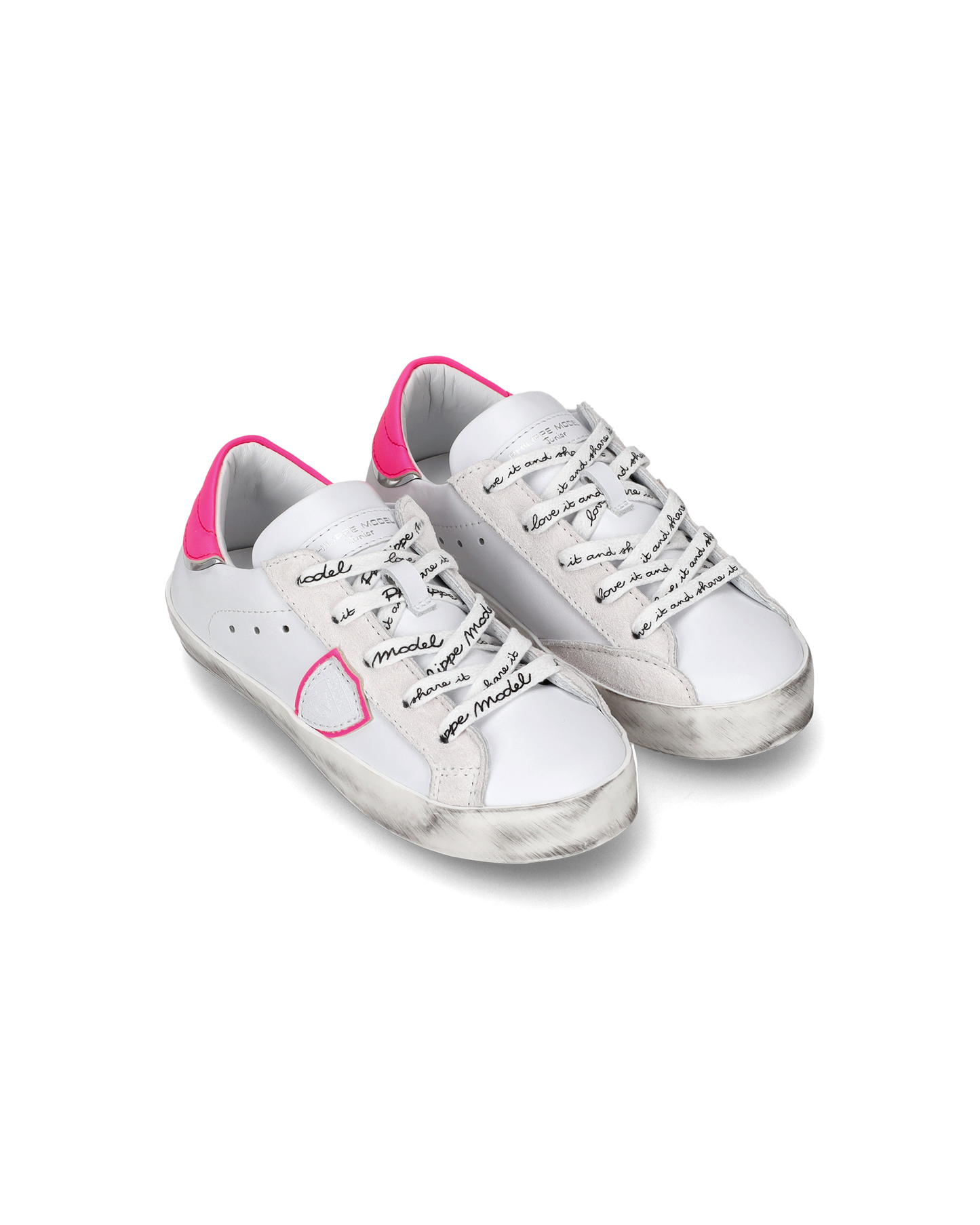 Flache Baby Paris Sneakers aus Leder – Weiß und Fuchsia