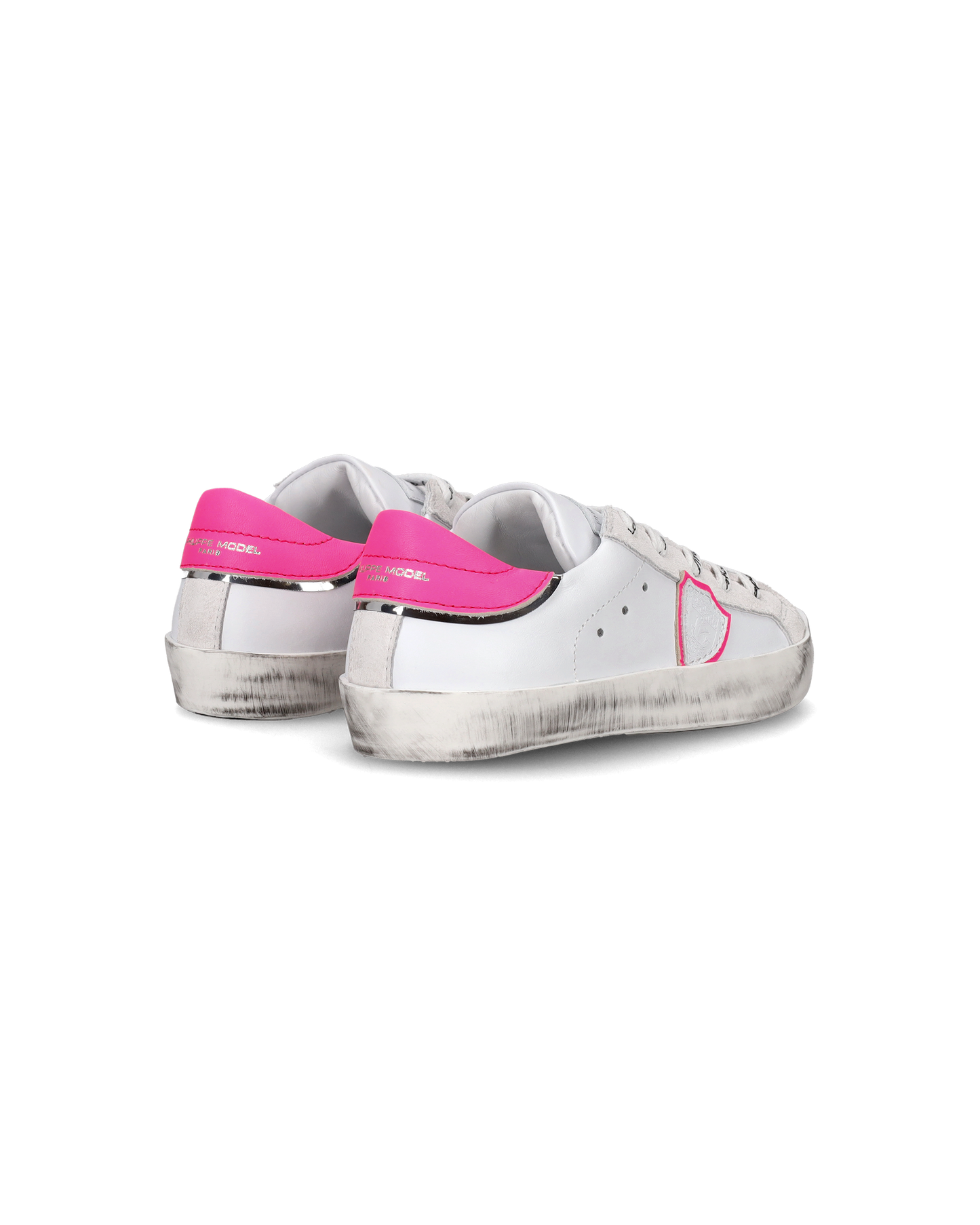 Zapatilla Paris Baby de caña baja en piel - Blanco y fucsia