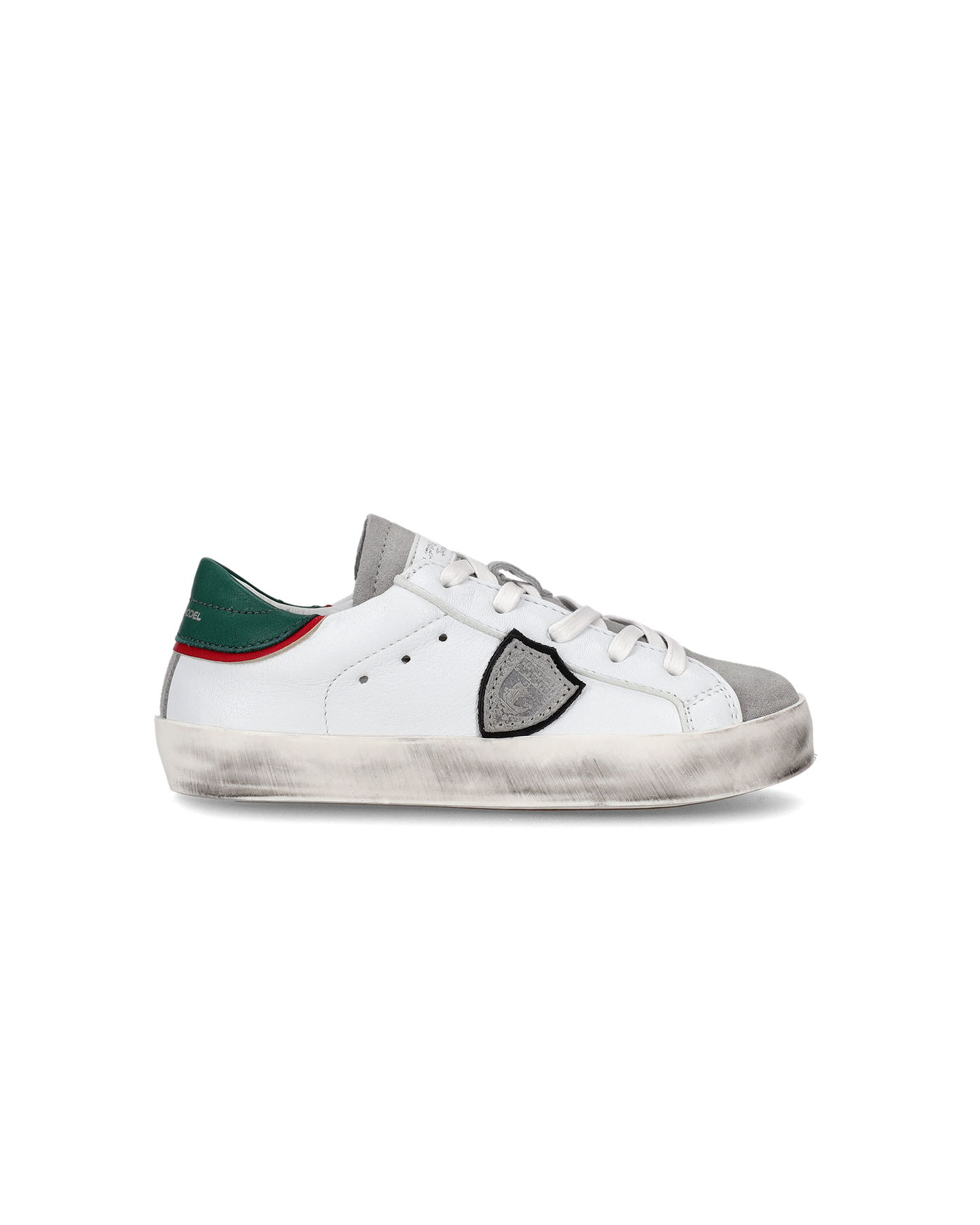 Zapatilla Paris Baby de caña baja en piel - Blanco y verde