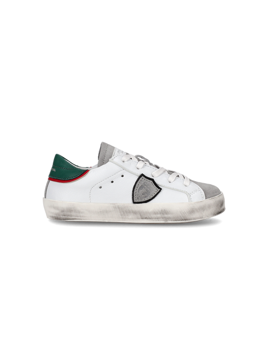 Zapatilla Paris Baby de caña baja en piel - Blanco y verde