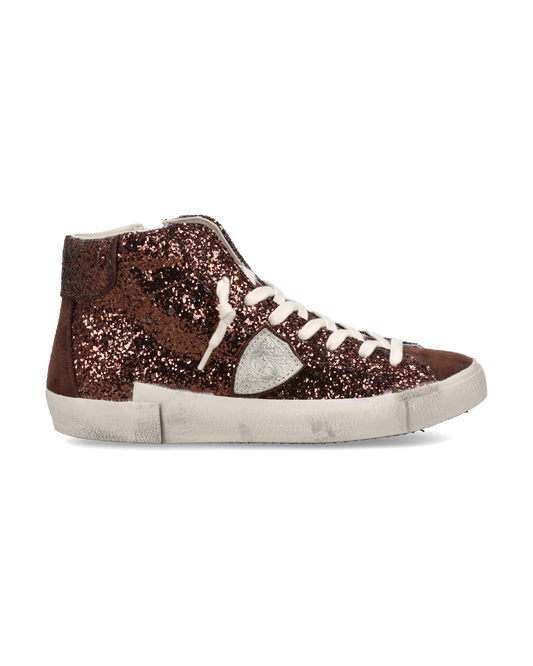 Sneakers Prsx High Donna con Tomaia in Glitter, Marrone Platino