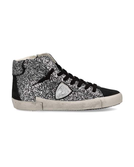Sneakers Prsx High Donna con Tomaia in Glitter, Nero Argento
