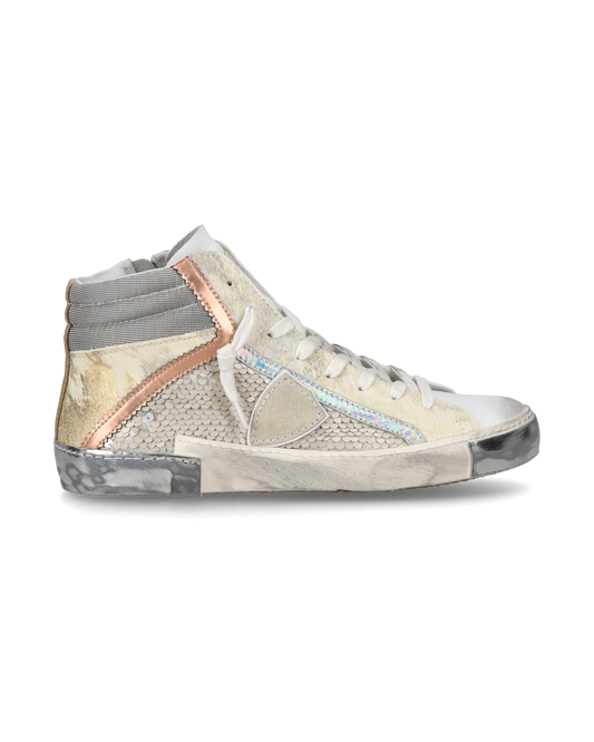 Sneaker casual Prsx da donna in pelle con inserti in paillettes - Bianco