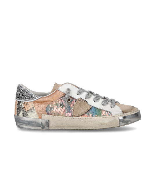 Baskets casual Prsx femme en cuir et paillettes, argent et blanc