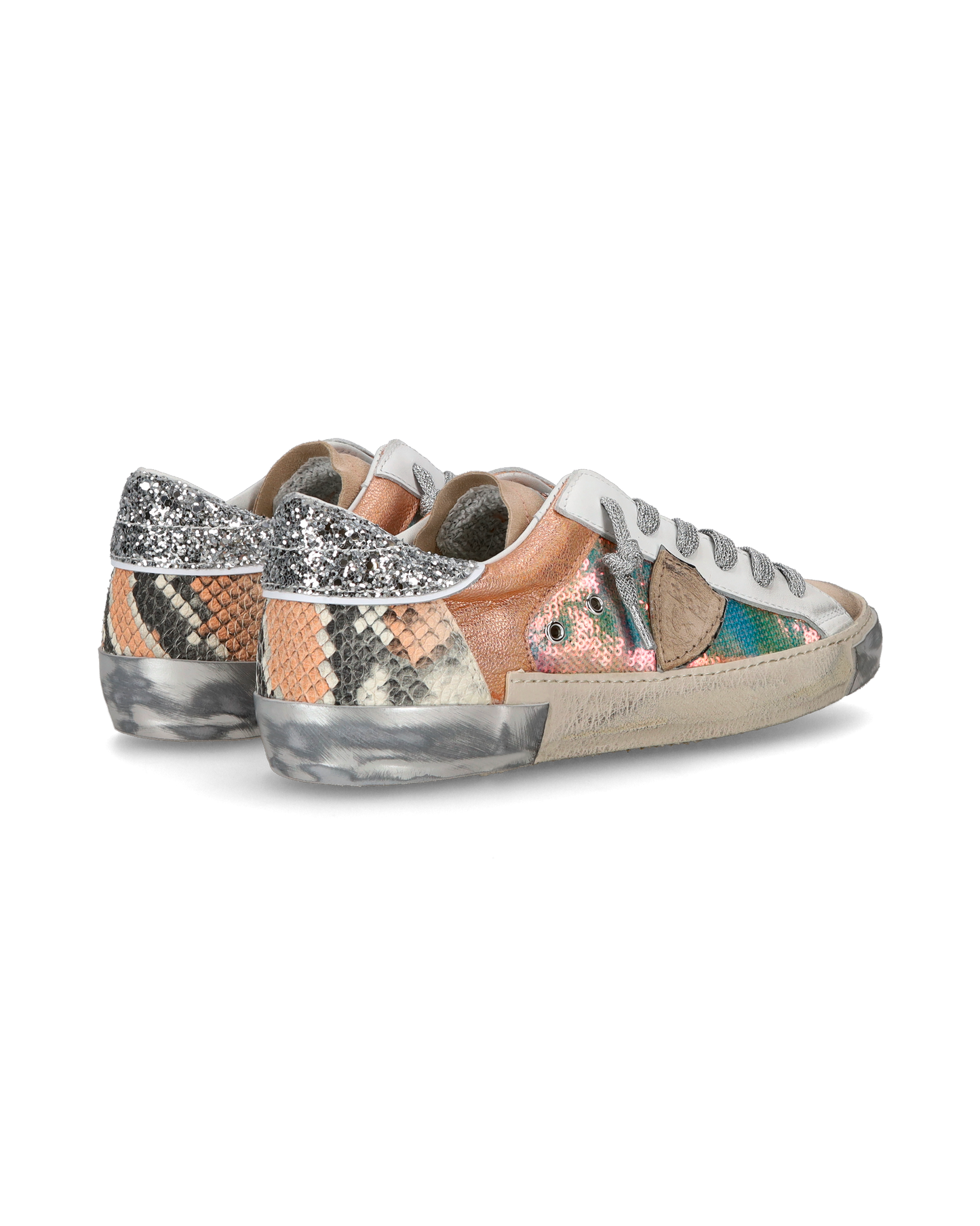 Baskets casual Prsx femme en cuir et paillettes, argent et blanc