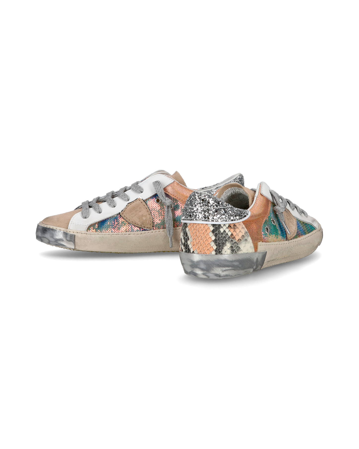 Baskets casual Prsx femme en cuir et paillettes, argent et blanc