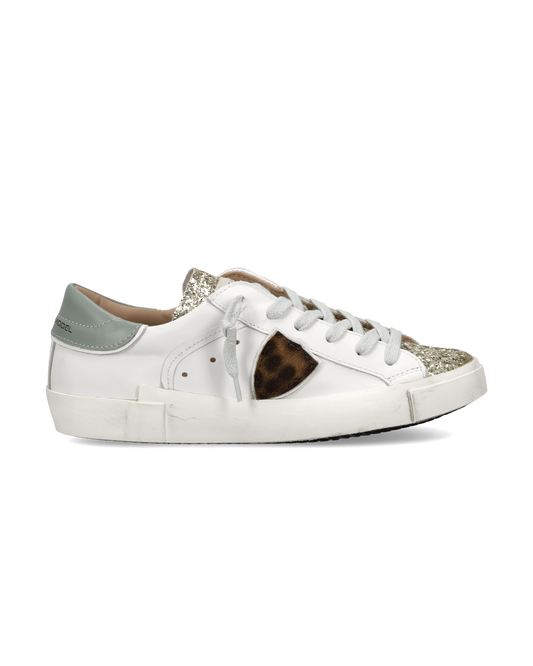 Zapatillas Prsx Para Mujer con Escudo Animal Print, Blanc Dorado y Azul Avio