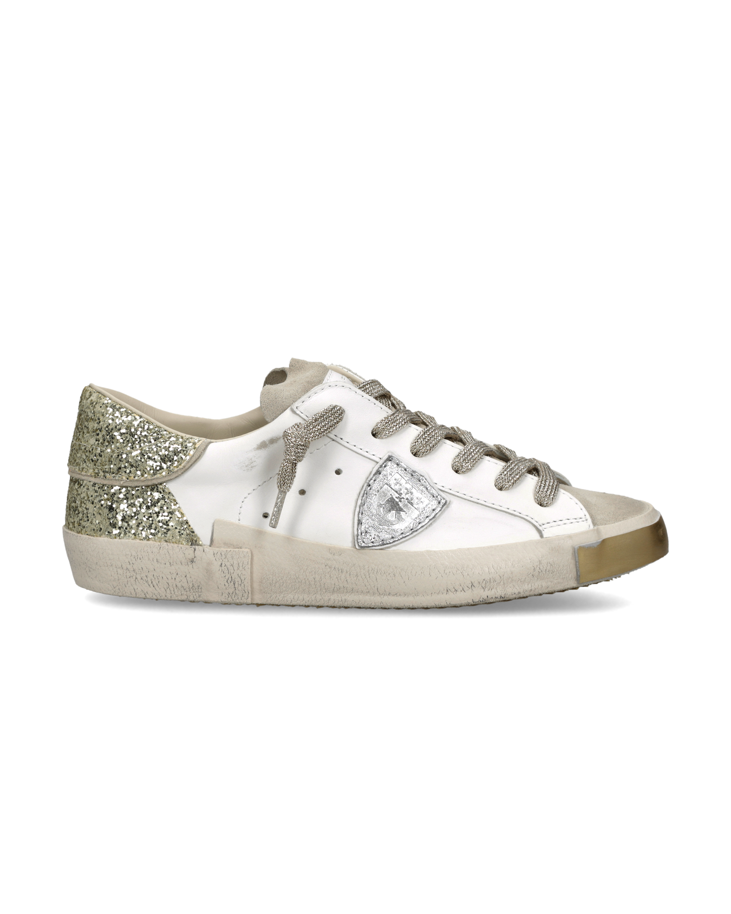 Sneakers Prsx Women with Glitter heel tab, White Gold