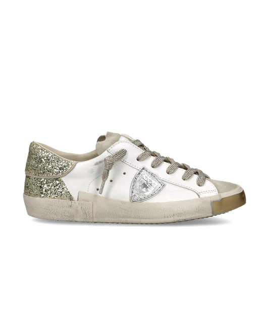 Sneakers Prsx Women with Glitter heel tab, White Gold