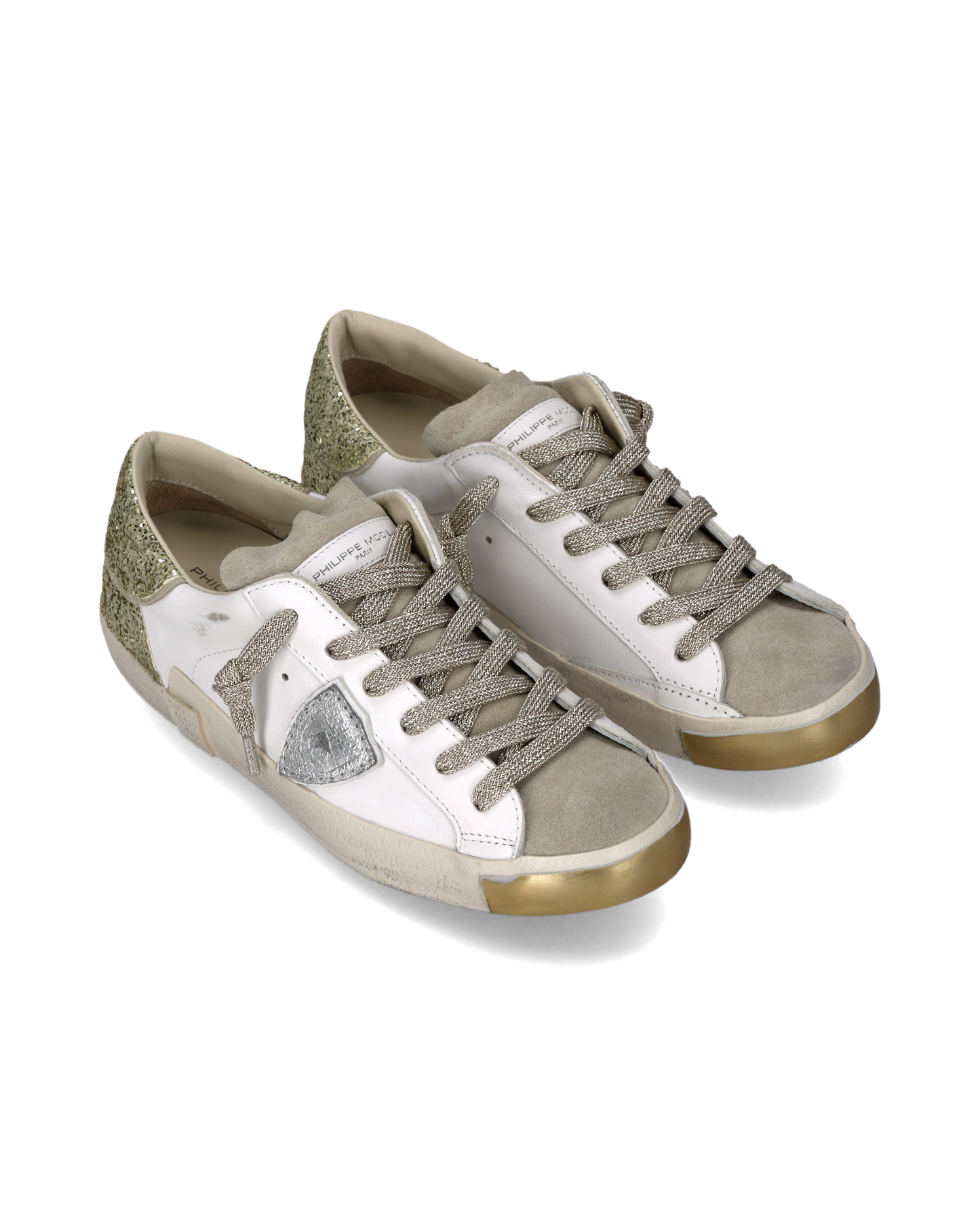 Sneakers Prsx Women with Glitter heel tab, White Gold