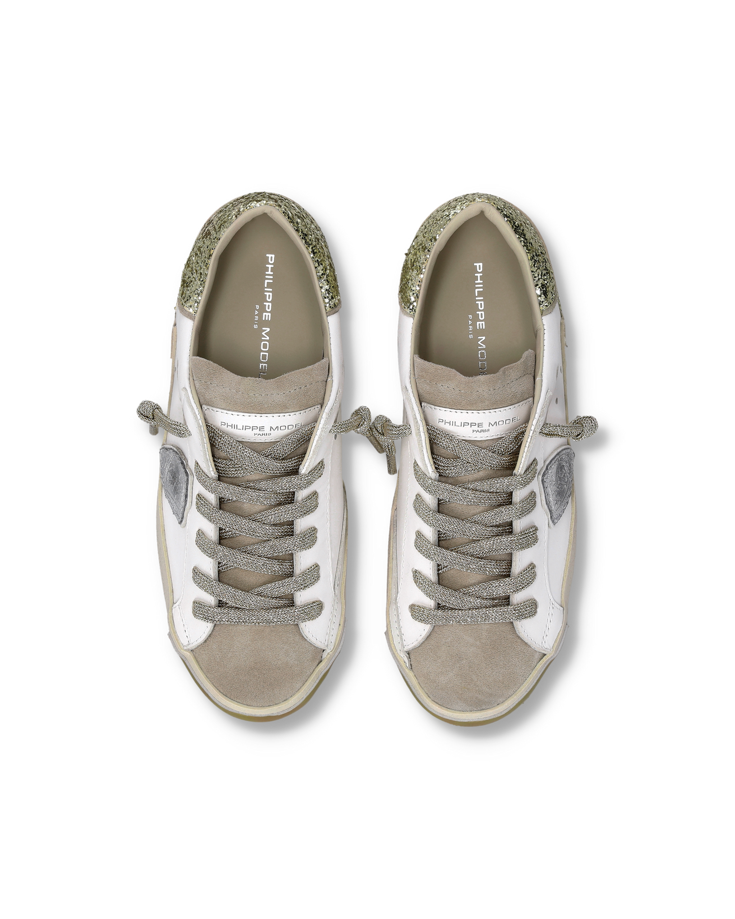 Sneakers Prsx Women with Glitter heel tab, White Gold