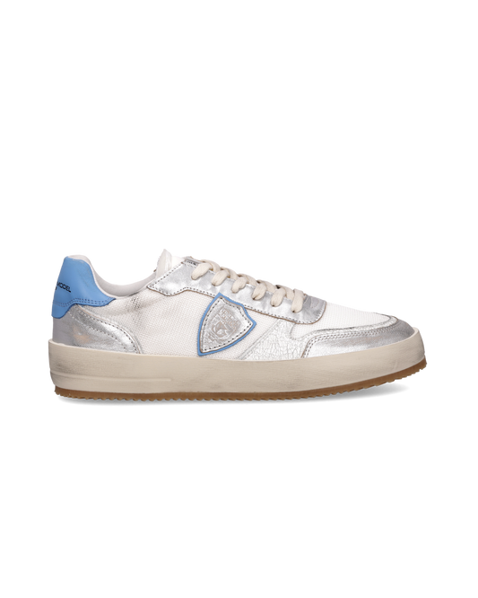 Sneakers Nice uomo in pelle, Bianco Azzurro Argento