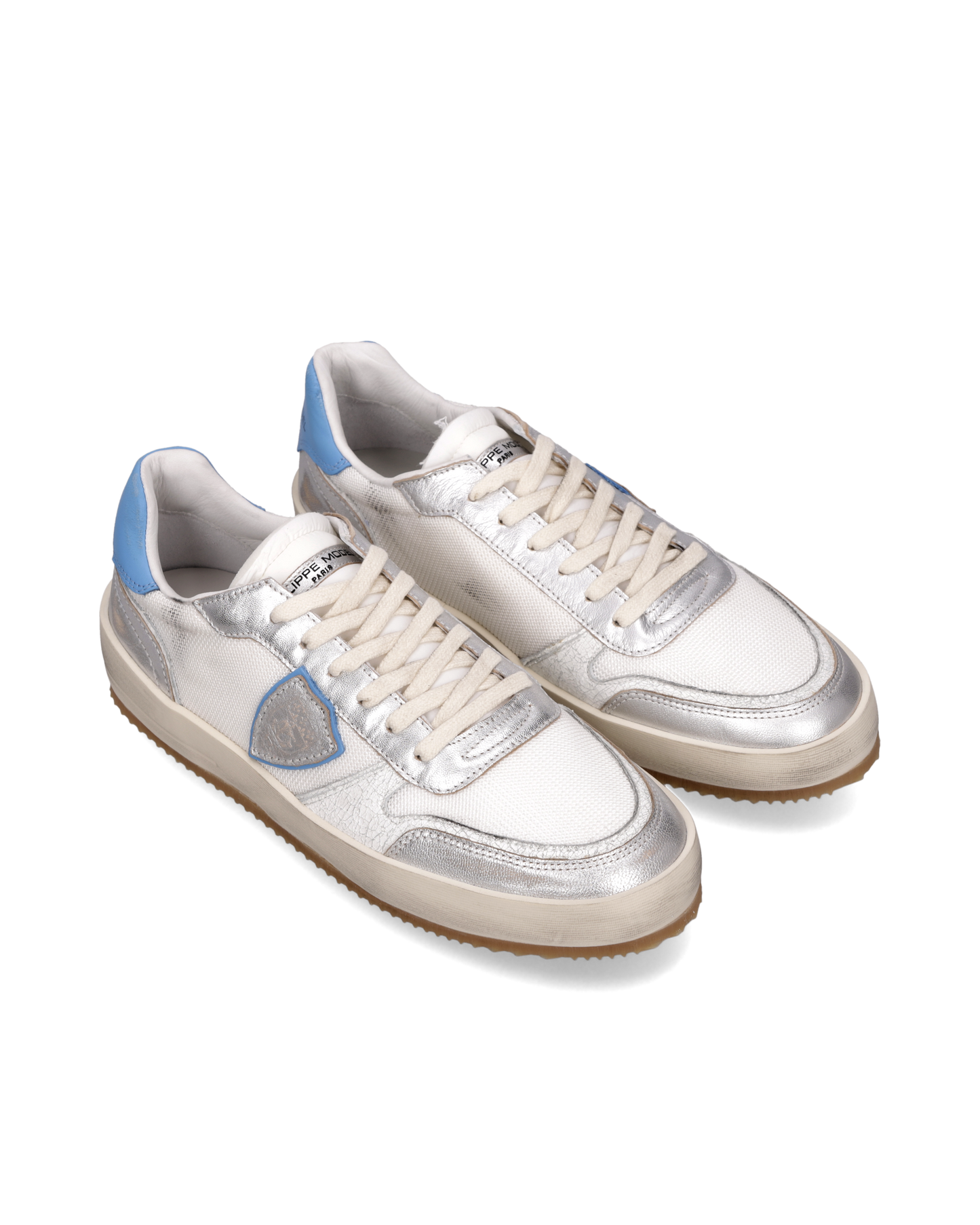 Sneakers Nice uomo in pelle, Bianco Azzurro Argento